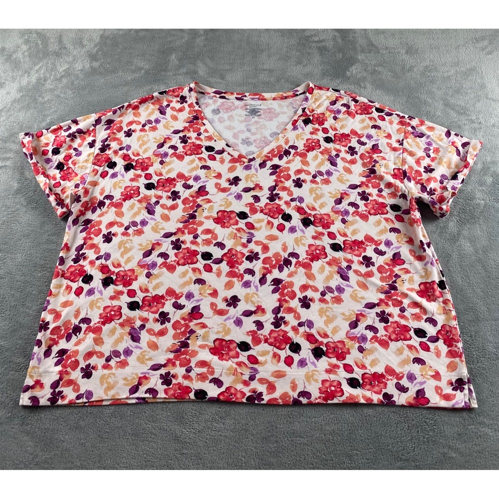 Westbound Woman 2X Floral V-Neck Short Sleeve Top Red Purple Orange Cotton Modal
